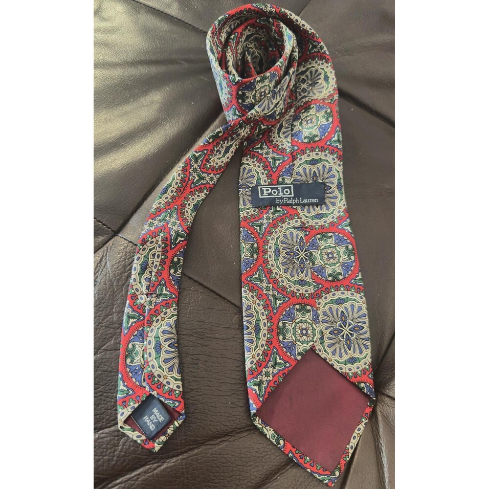 Vintage Polo Ralph Lauren 100% Silk Tie Red Blue Green Medallion Paisley USA